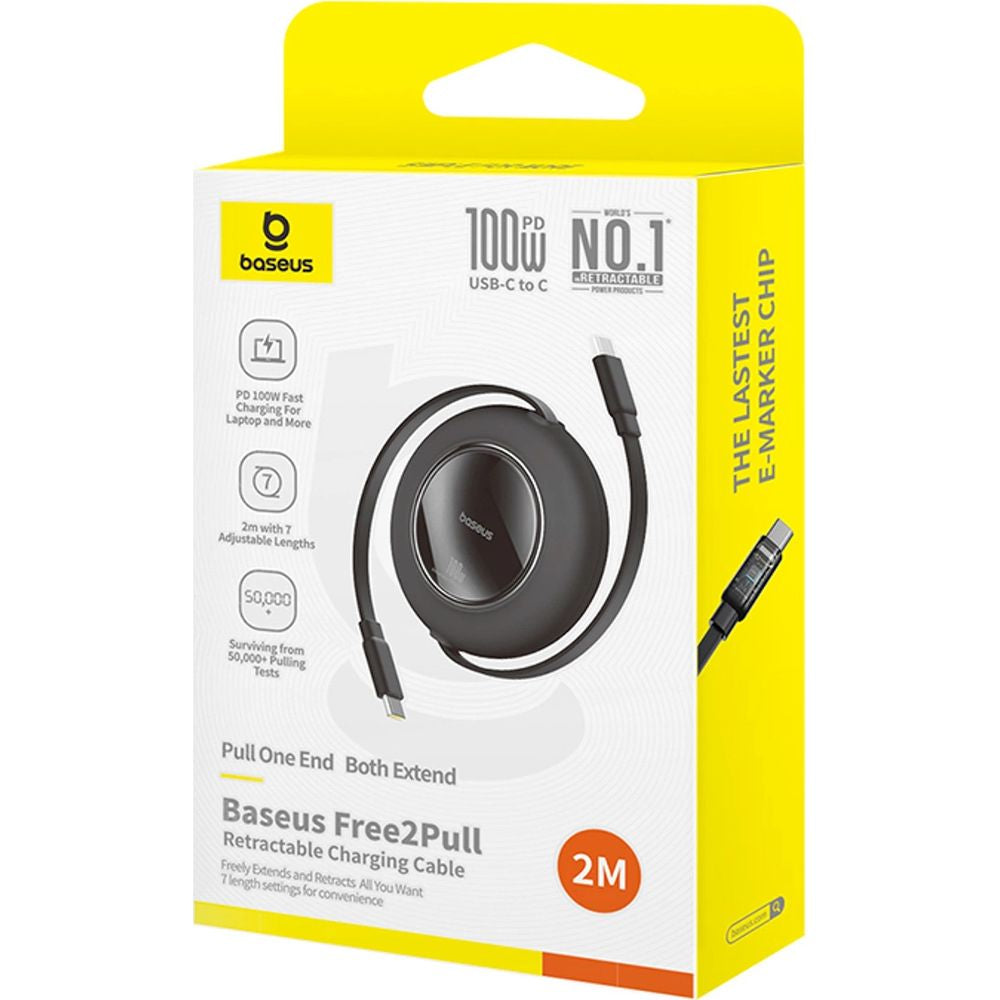 Einziehbares Kabel USB-C zu USB-C, 100W PD, Baseus Free2Pull, 2 m, Schwarz