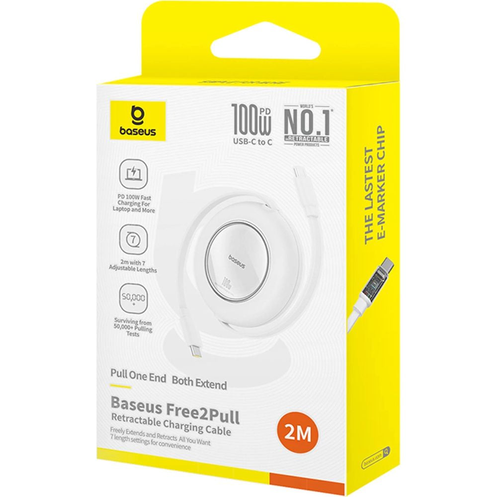 Einziehbares Kabel USB-C zu USB-C, 100W PD, Baseus Free2Pull, 2 m, Weiß