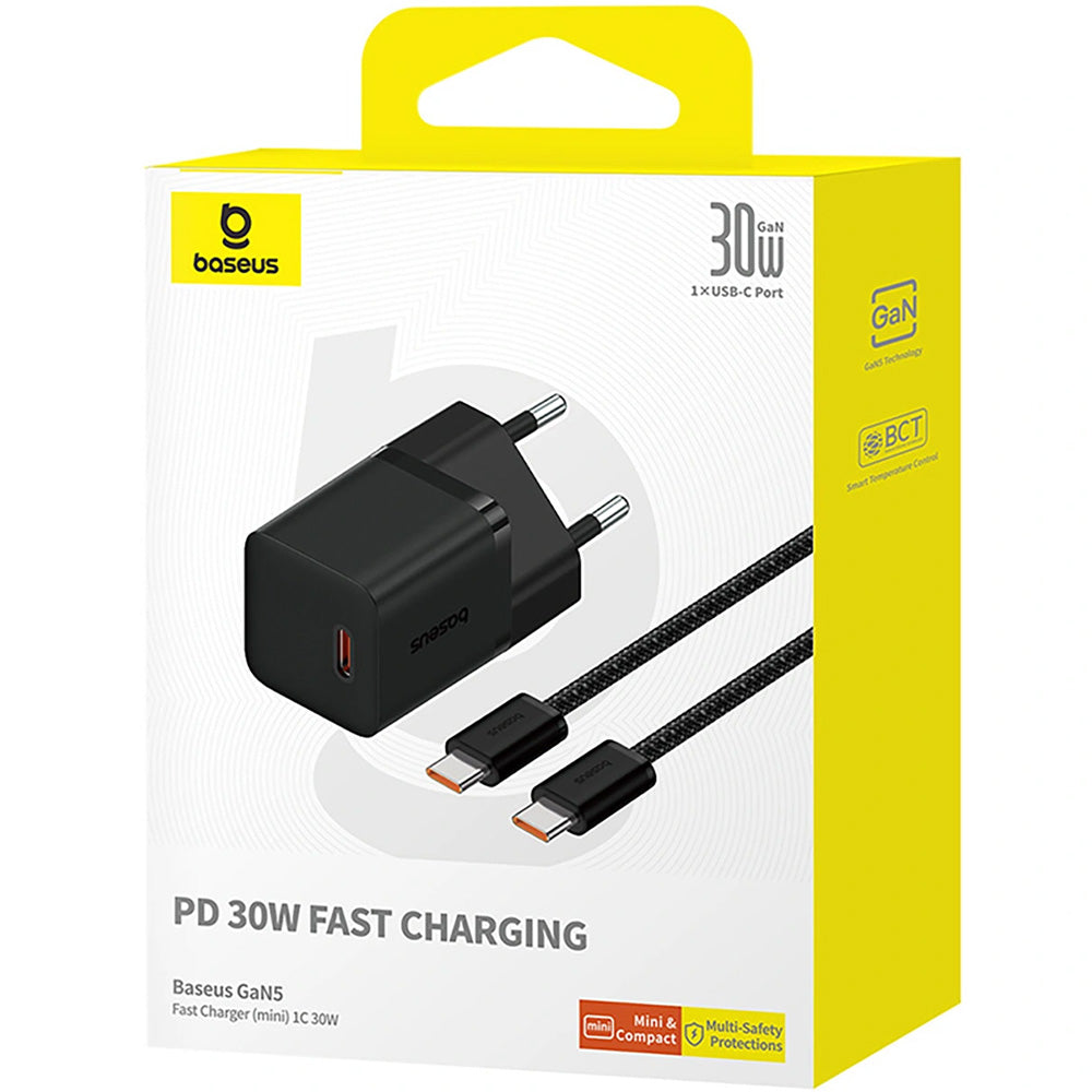 Netzladegerät 30W, 1x USB-C + Kabel USB-C mit Geflecht, Baseus GaN5 Fast Charger Mini, Schwarz