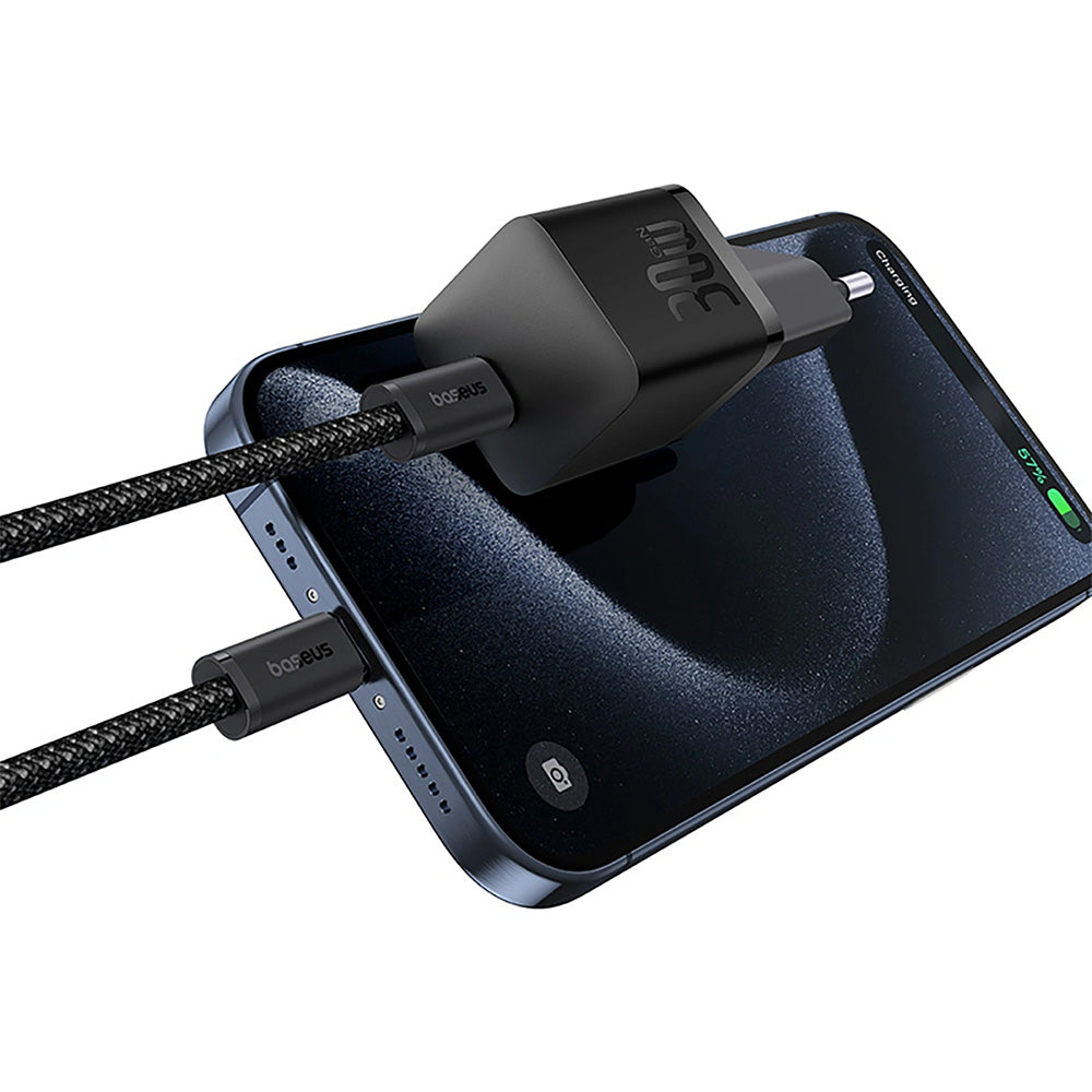 Netzladegerät 30W, 1x USB-C + Kabel USB-C mit Geflecht, Baseus GaN5 Fast Charger Mini, Schwarz