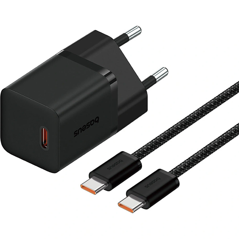 Netzladegerät 30W, 1x USB-C + Kabel USB-C mit Geflecht, Baseus GaN5 Fast Charger Mini, Schwarz