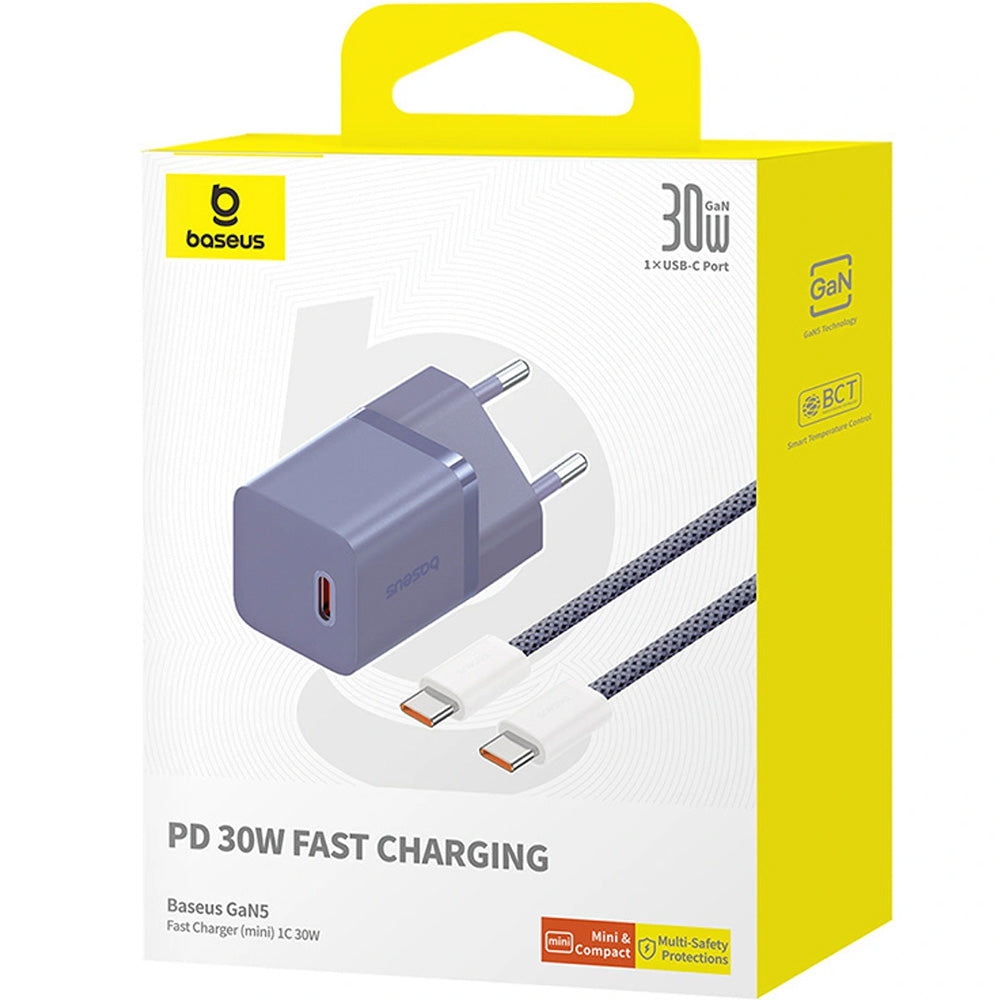 Netzladegerät 30W, 1x USB-C + Kabel USB-C mit Geflecht, Baseus GaN5 Fast Charger Mini, Violett