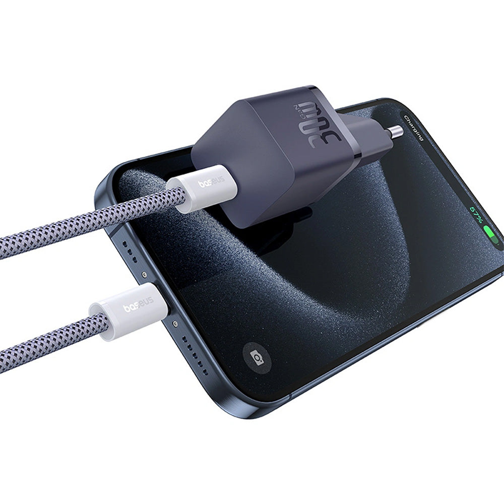 Netzladegerät 30W, 1x USB-C + Kabel USB-C mit Geflecht, Baseus GaN5 Fast Charger Mini, Violett