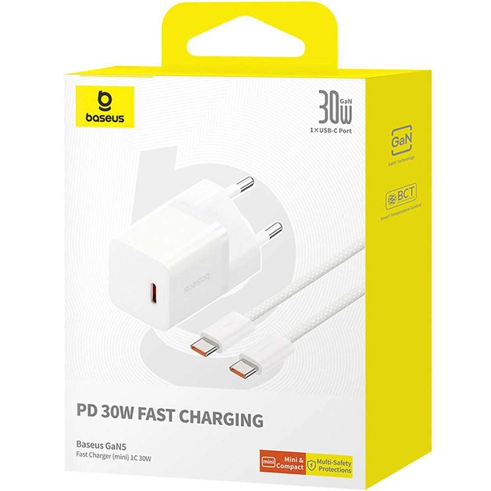 Netzladegerät 30W, 1x USB-C + Kabel USB-C mit Geflecht, Baseus GaN5 Fast Charger Mini, Weiß