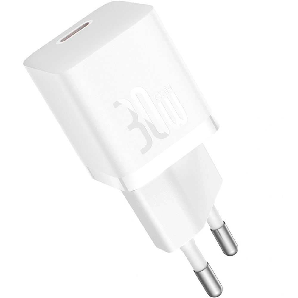 Netzladegerät 30W, 1x USB-C + Kabel USB-C mit Geflecht, Baseus GaN5 Fast Charger Mini, Weiß