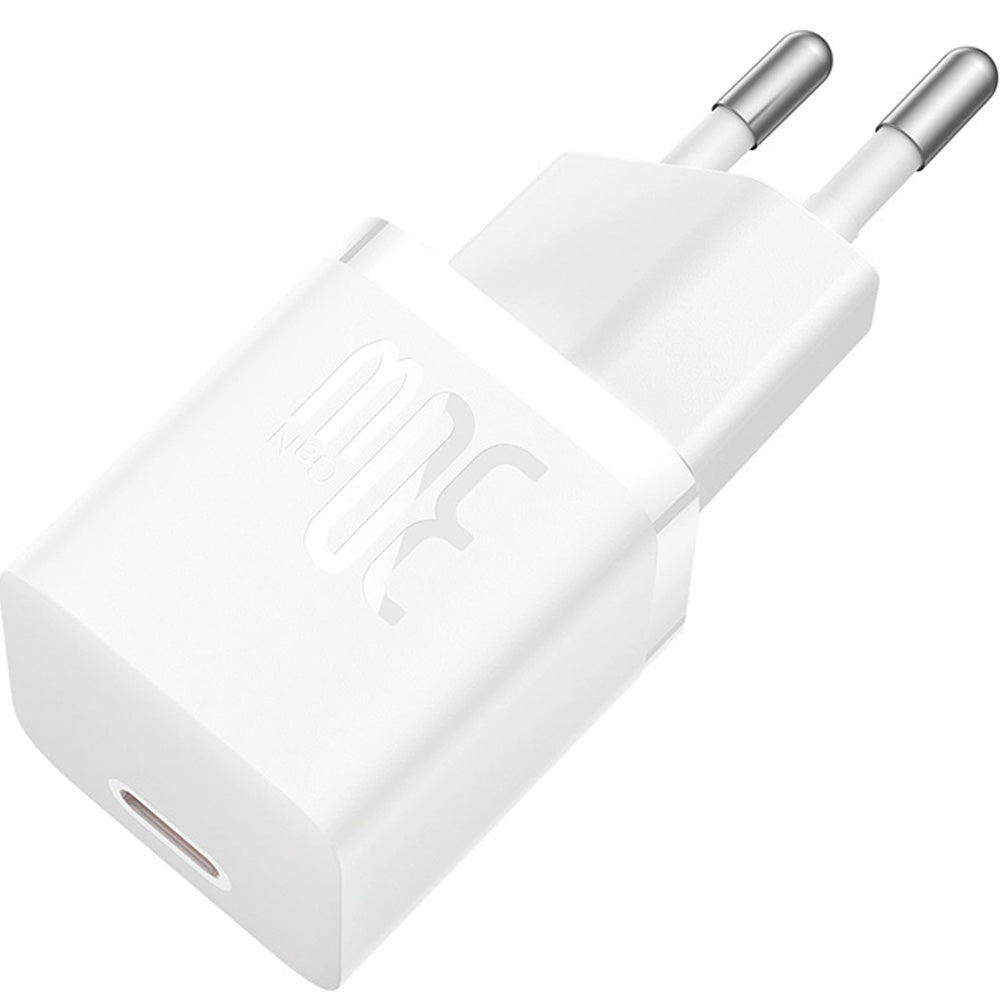 Netzladegerät 30W, 1x USB-C + Kabel USB-C mit Geflecht, Baseus GaN5 Fast Charger Mini, Weiß
