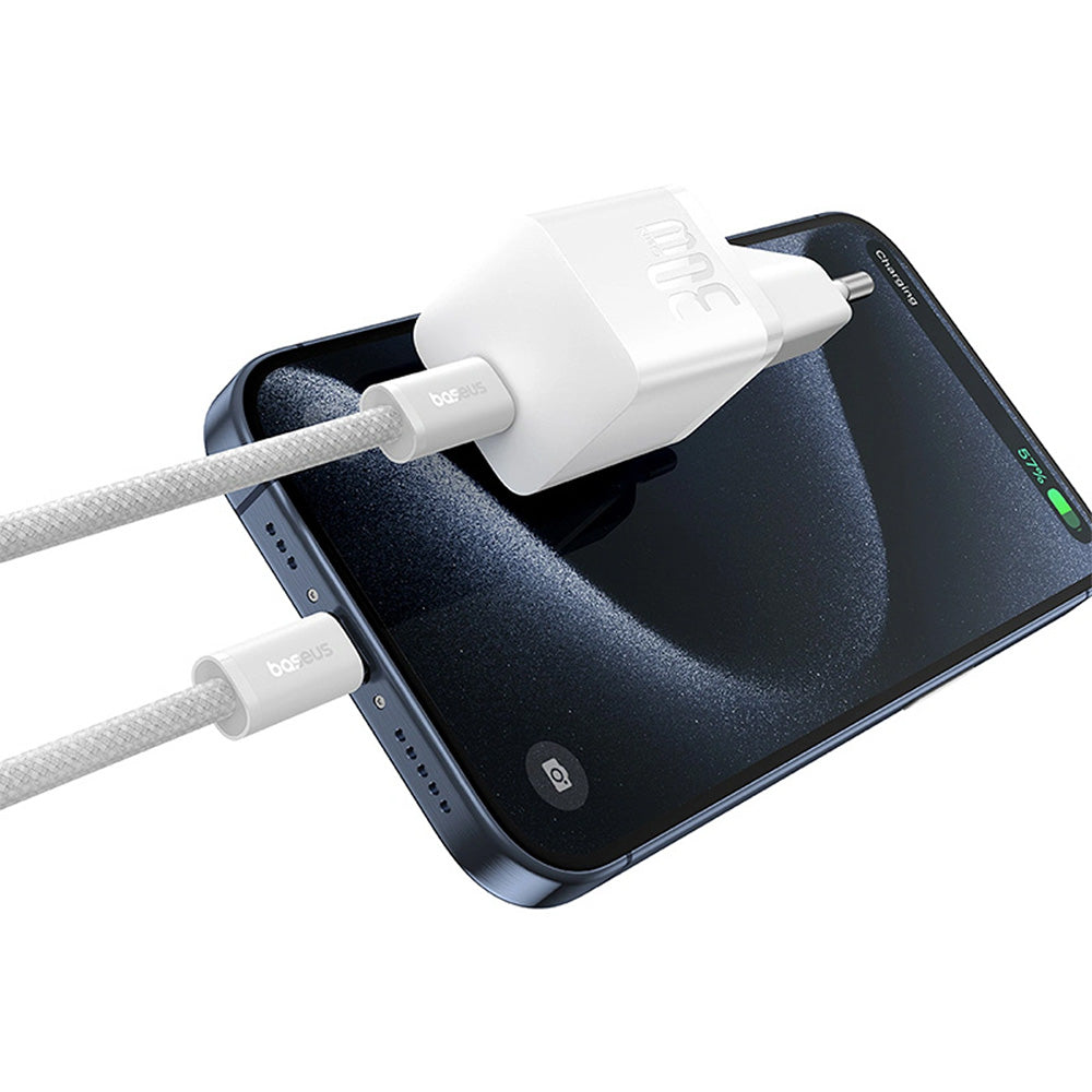 Netzladegerät 30W, 1x USB-C + Kabel USB-C mit Geflecht, Baseus GaN5 Fast Charger Mini, Weiß