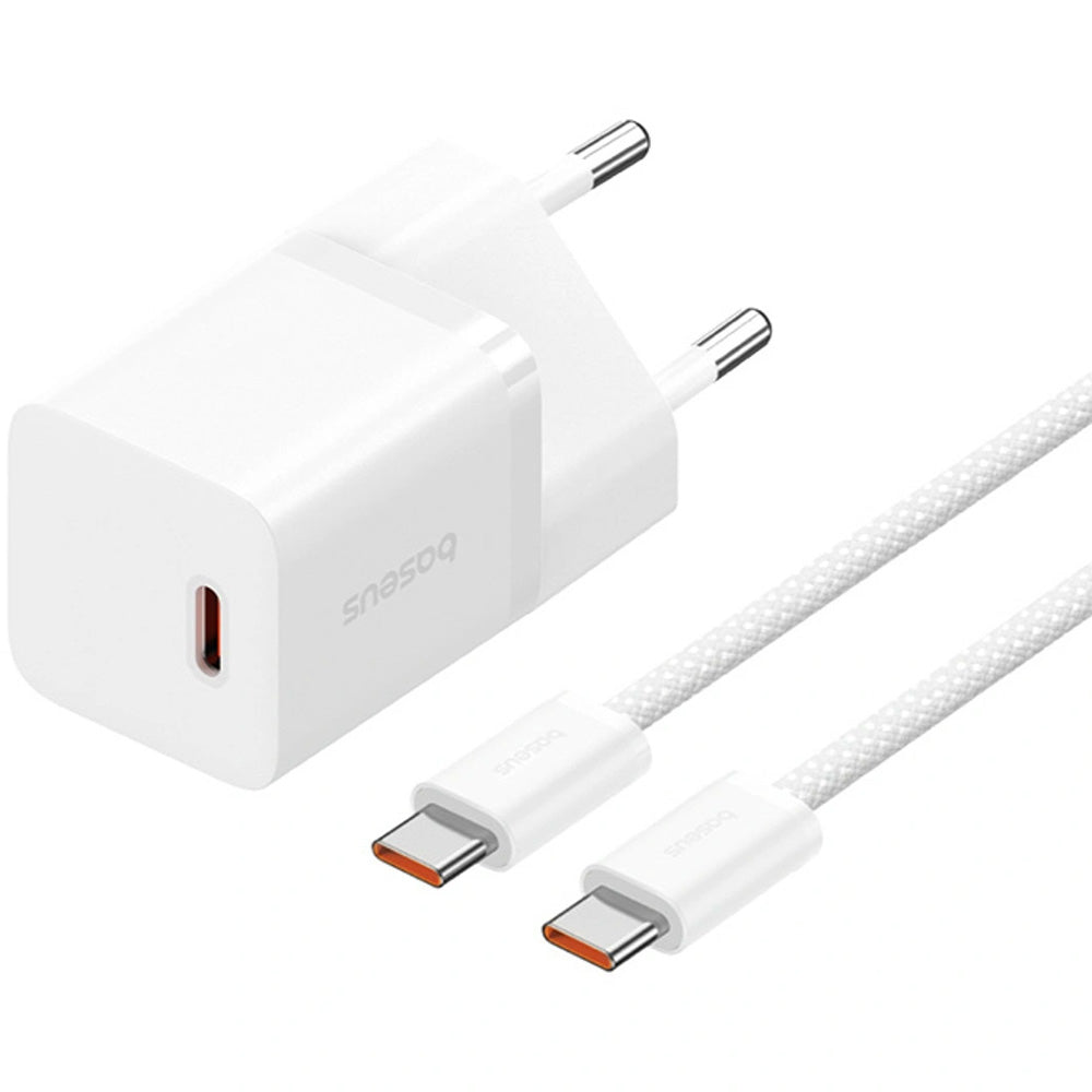 Netzladegerät 30W, 1x USB-C + Kabel USB-C mit Geflecht, Baseus GaN5 Fast Charger Mini, Weiß