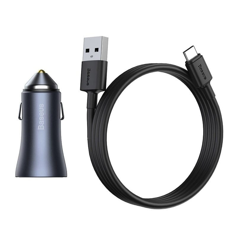 Autoladegerät Baseus Golden Contactor Pro 1x USB-A, 1x USB-C, PD 3.0, QC 4.0 + Kabel USB-C, Blau