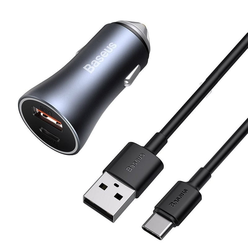 Autoladegerät Baseus Golden Contactor Pro 1x USB-A, 1x USB-C, PD 3.0, QC 4.0 + Kabel USB-C, Blau