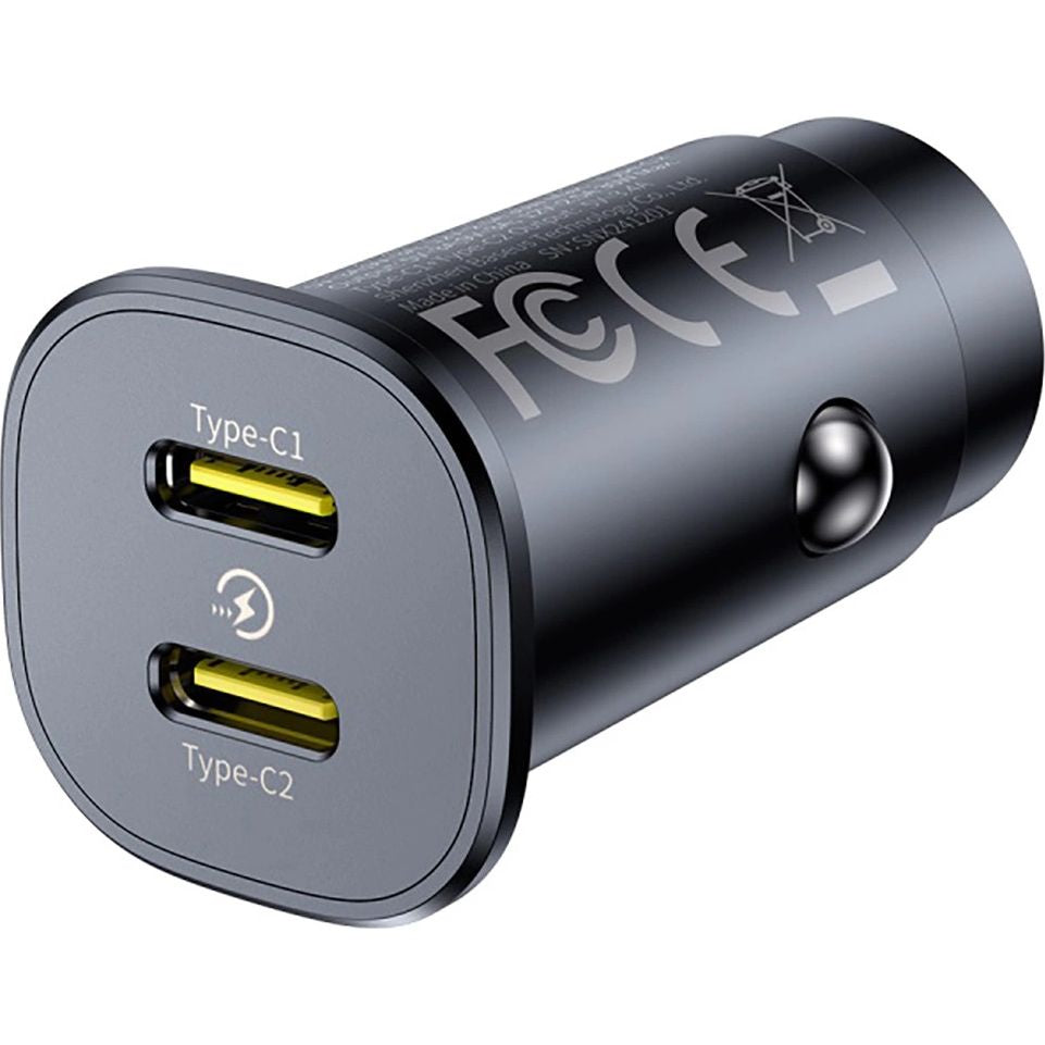 Autoladegerät 2x USB-C, Baseus GoTrip DP1, 30W, QC, PD, PPS, AFC, FCP, Schwarz