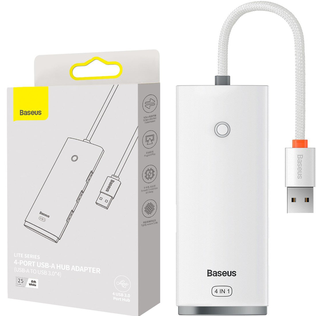Hub-Adapter Baseus Lite Series, 4 in 1 USB-A - 4x USB 3.2 gen 1 / 1x USB-C, 25 cm, weiß