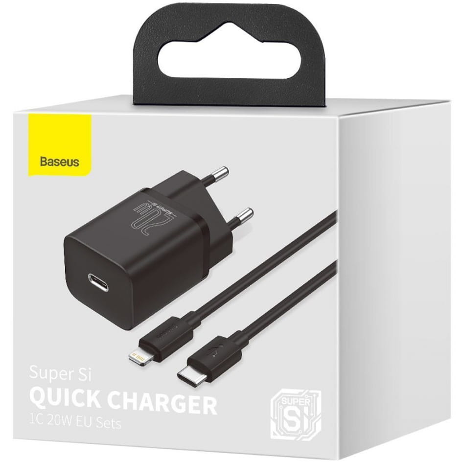 Wandladegerät Baseus Super Si USB-C 20W + kabel Lightning, Schwarz