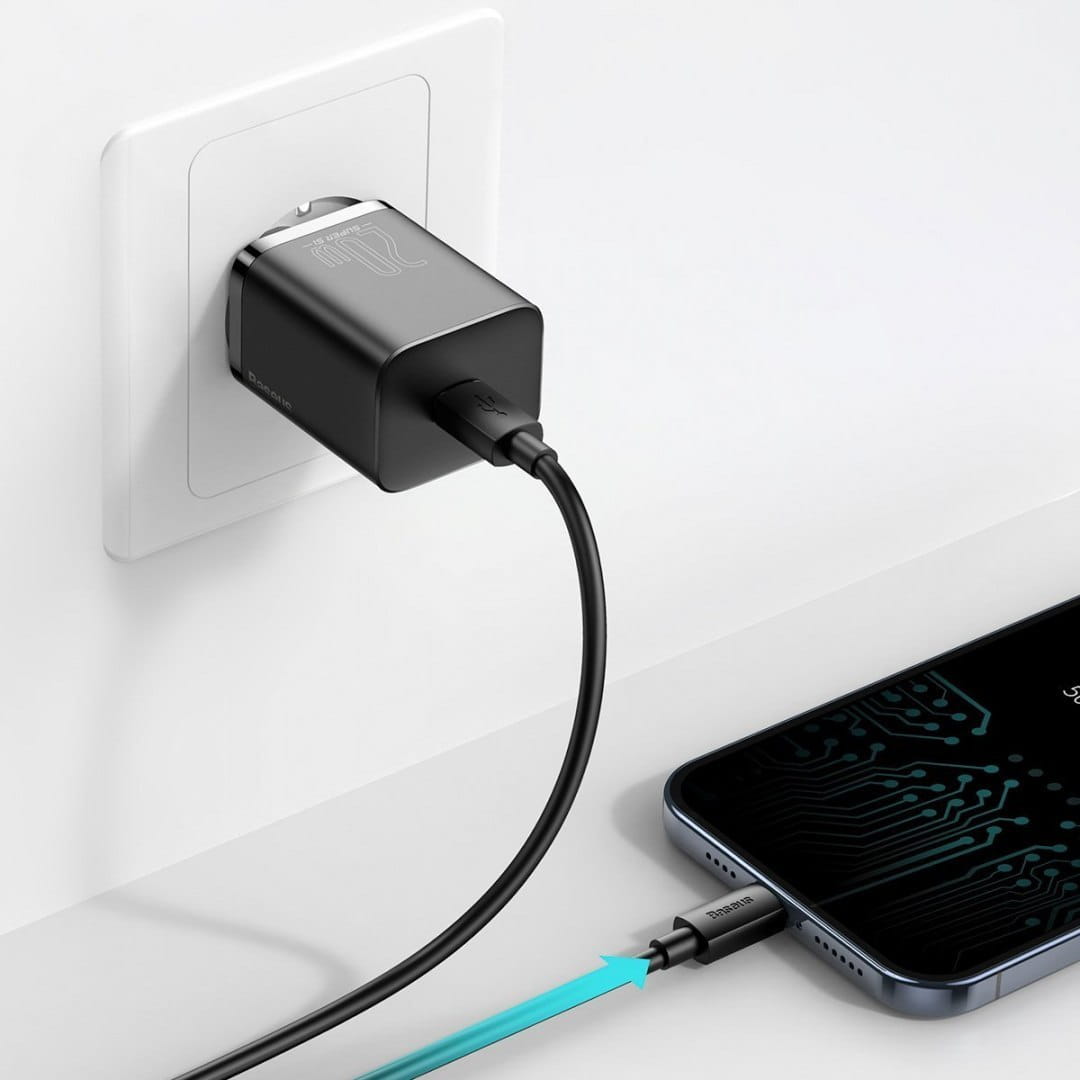 Wandladegerät Baseus Super Si USB-C 20W + kabel Lightning, Schwarz