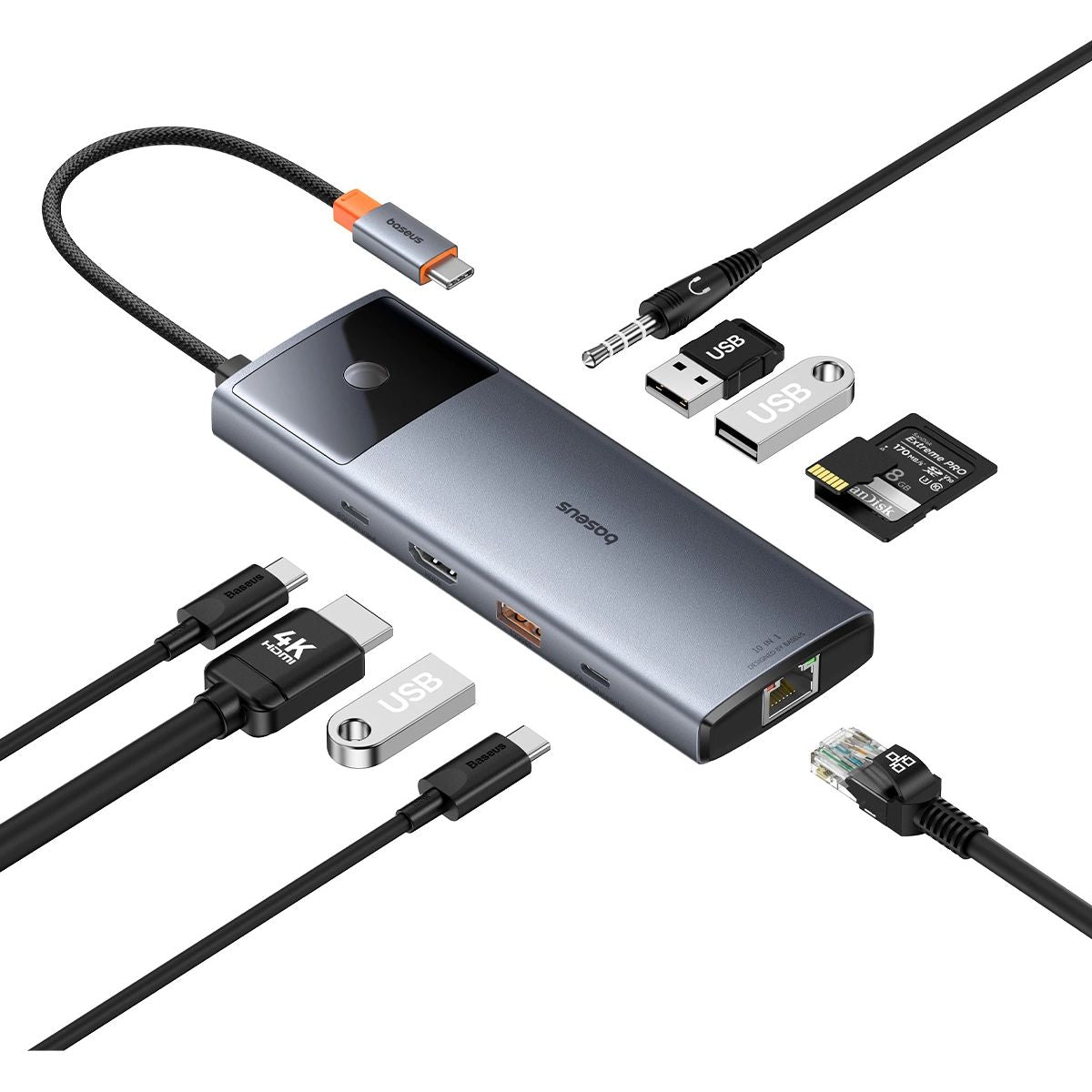 Hub, Adapter Baseus Metal Gleam Series II USB-C 10in1, 20 cm, Grau