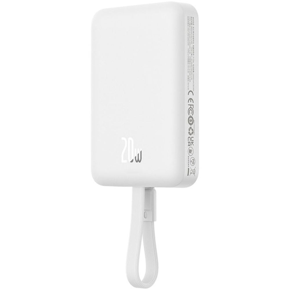 Baseus Magnetic Mini Induktive Qi-Powerbank mit integriertem Lightning-Kabel, für MagSafe, USB-C, 10 000 mAh 20W + Kabel, Weiß