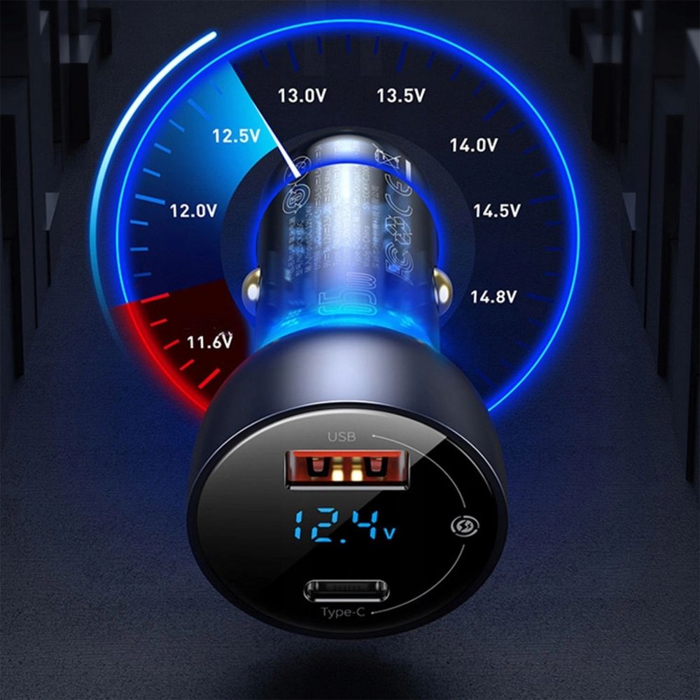 Autoladegerät mit Display, USB-A, USB-C, Baseus Particular, 65W, QC, PD, PPS, Huawei SCP, AFC, Dunkelgrau