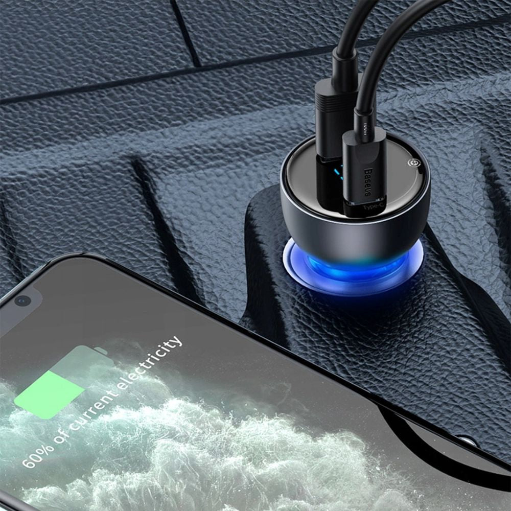 Autoladegerät mit Display, USB-A, USB-C, Baseus Particular, 65W, QC, PD, PPS, Huawei SCP, AFC, Dunkelgrau