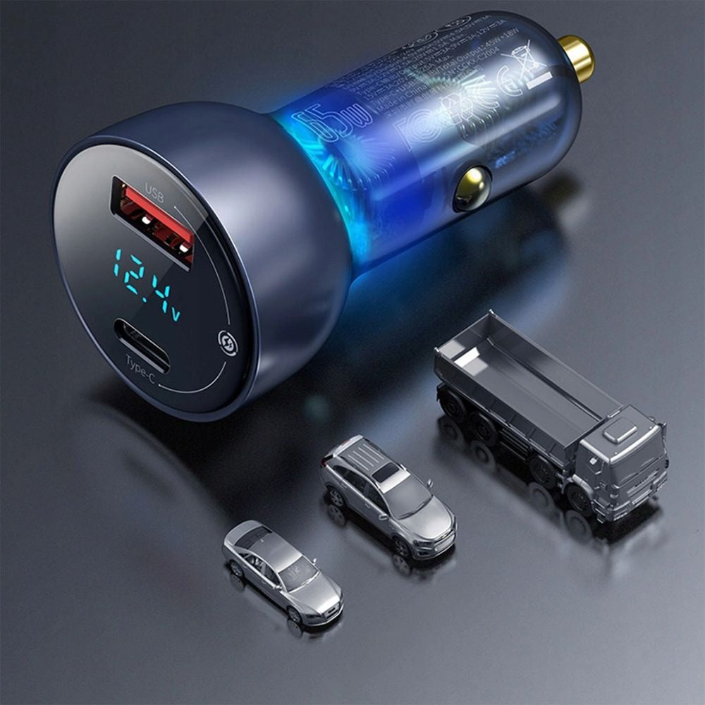 Autoladegerät mit Display, USB-A, USB-C, Baseus Particular, 65W, QC, PD, PPS, Huawei SCP, AFC, Dunkelgrau