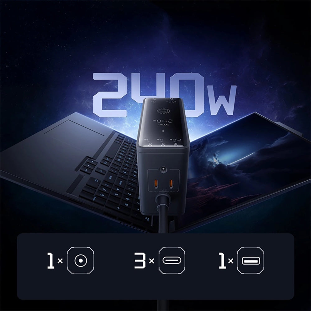 Ladestation GaN mit 240W, 3x USB-C PD, 1x USB-A und 1x DC, Baseus Digital, Schwarz