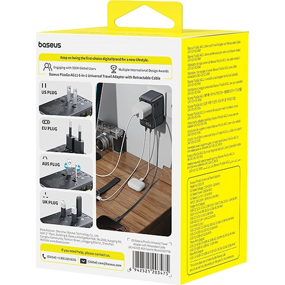 Adapter Reise / Netzladegerät Baseus PicoGo AG11 45W 6-in-1 EU/UK/US/AU/JP/CN + Kabel, Schwarz