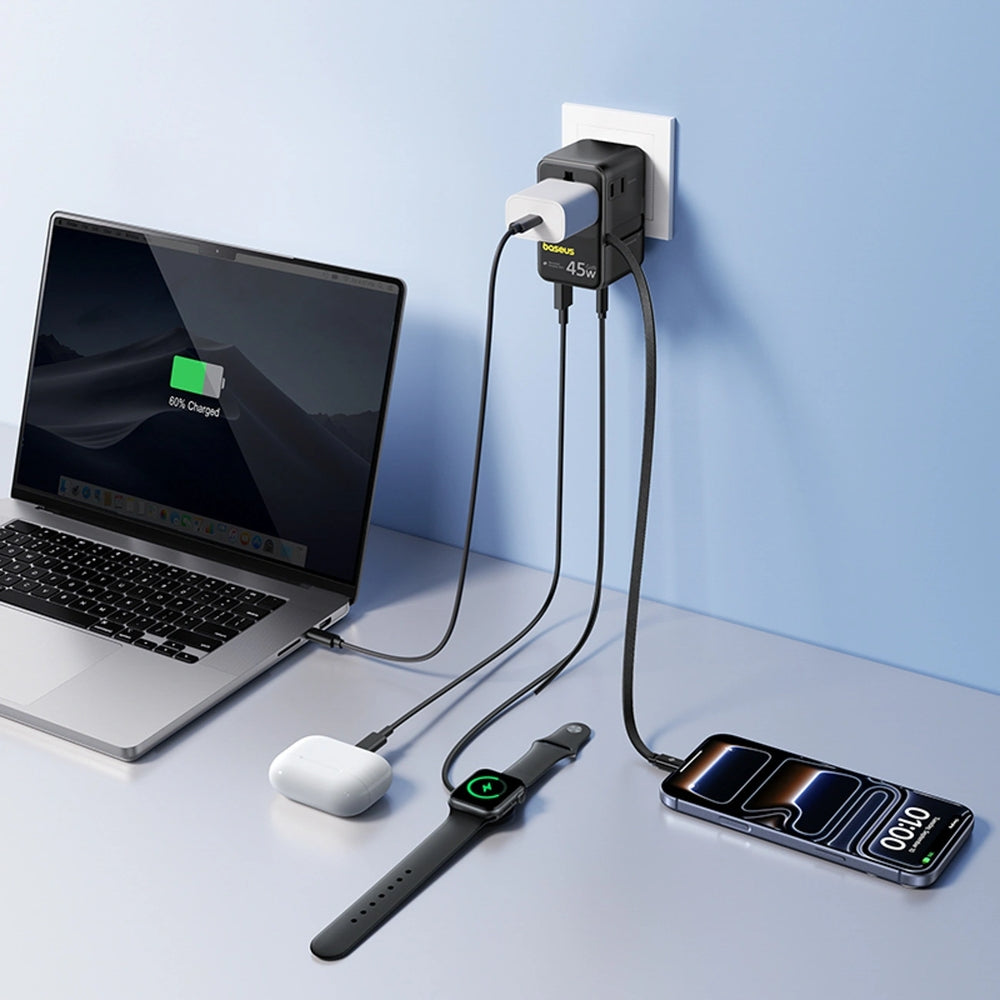Adapter Reise / Netzladegerät Baseus PicoGo AG11 45W 6-in-1 EU/UK/US/AU/JP/CN + Kabel, Schwarz