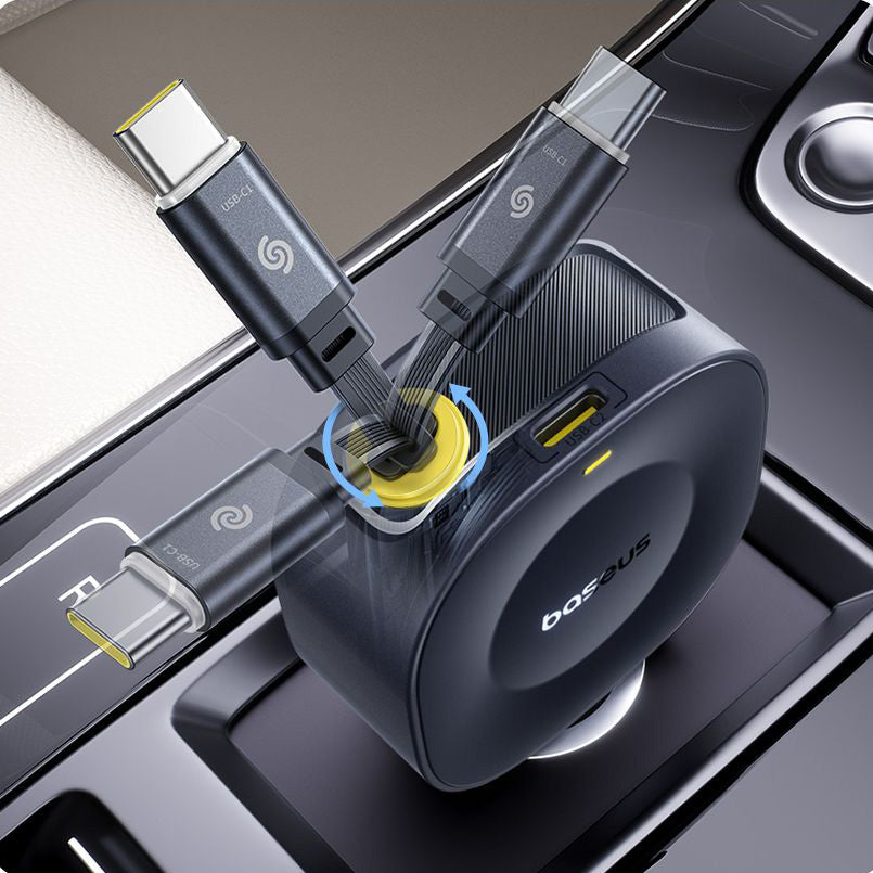Autoladegerät USB-C mit ausziehbarem Kabel USB-C, Baseus PrimeTrip VR2, 60W, QC, PD, Huawei SCP, Schwarz