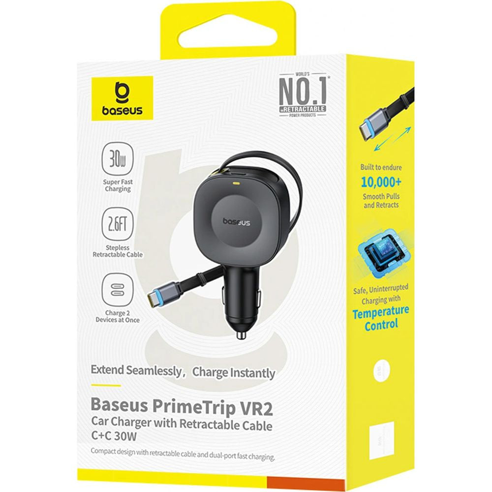 Autoladegerät USB-C mit ausziehbarem Kabel USB-C, Baseus PrimeTrip VR2, 60W, QC, PD, Huawei SCP, Schwarz