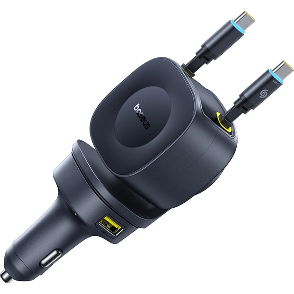 Autoladegerät USB-A, USB-C mit ausziehbarem Kabeln USB-C, Baseus PrimeTrip VR2 Max, 60W, QC, PD, Huawei SCP, Schwarz