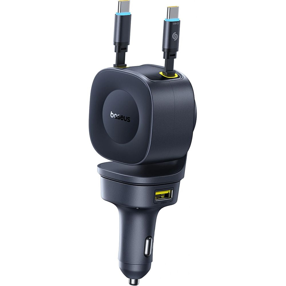 Autoladegerät USB-A, USB-C mit ausziehbarem Kabeln USB-C, Baseus PrimeTrip VR2 Max, 60W, QC, PD, Huawei SCP, Schwarz