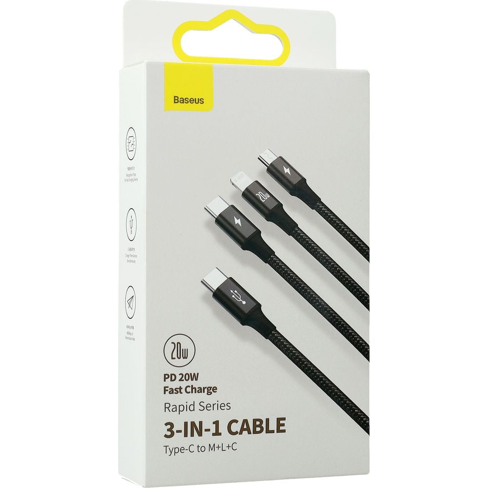Kabel USB-C zu USB-C / Lightning / MicroUSB, Baseus Rapid 3in1, 20W 1,5m, Schwarz