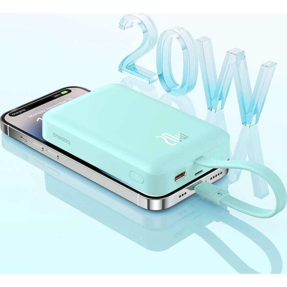 Baseus Magnetic Mini Induktive Qi-Powerbank mit integriertem Lightning-Kabel, für MagSafe, USB-C, 10 000 mAh 20W + Kabel, Blau