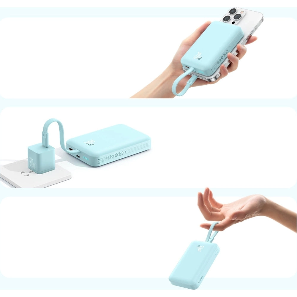 Baseus Magnetic Mini Induktive Qi-Powerbank mit integriertem Lightning-Kabel, für MagSafe, USB-C, 10 000 mAh 20W + Kabel, Blau