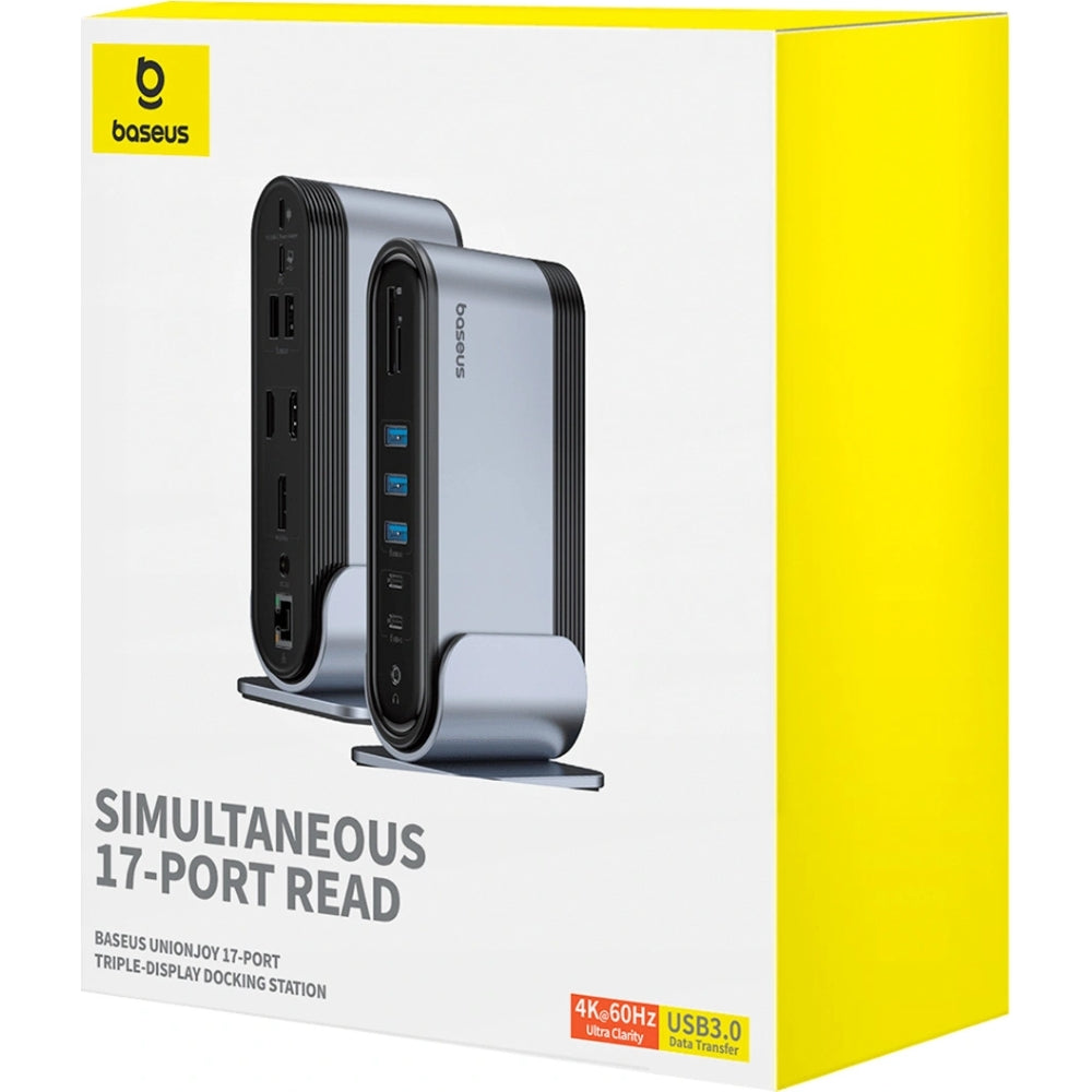 Ladestation Baseus Unionjoy 17-Port Triple Display Docking Station mit HDMI, DP, USB-C, SD, PC, USB-A, RJ45, PD, Grau