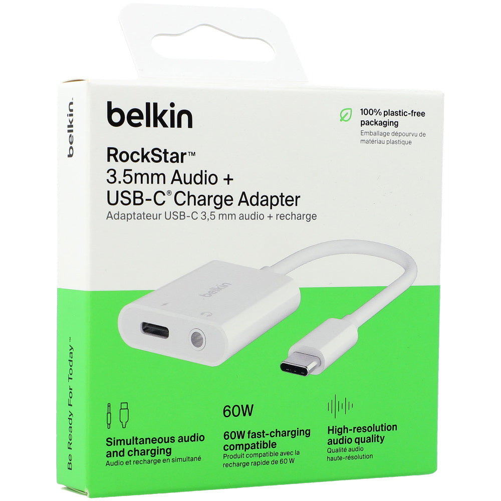 Adapter Belkin RockStar 3.5mm Audio + USB-C Charge 60W, Weiß