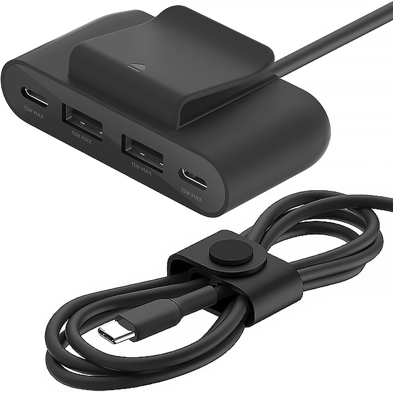 Stromverteiler, Hub Belkin Boost 4-Port Power Extender 30W, USB-C PD für 2x USB-C + 2x USB-A, Schwarz