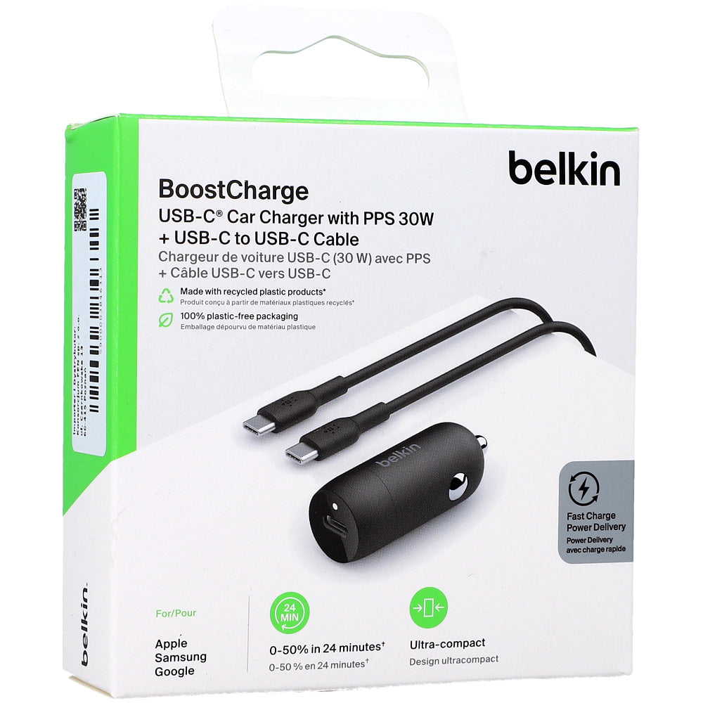 Autoladegerät Belkin Boost Car PD3.0 PPS 3A USB-C 30W + Kabel USB-C, Schwarz