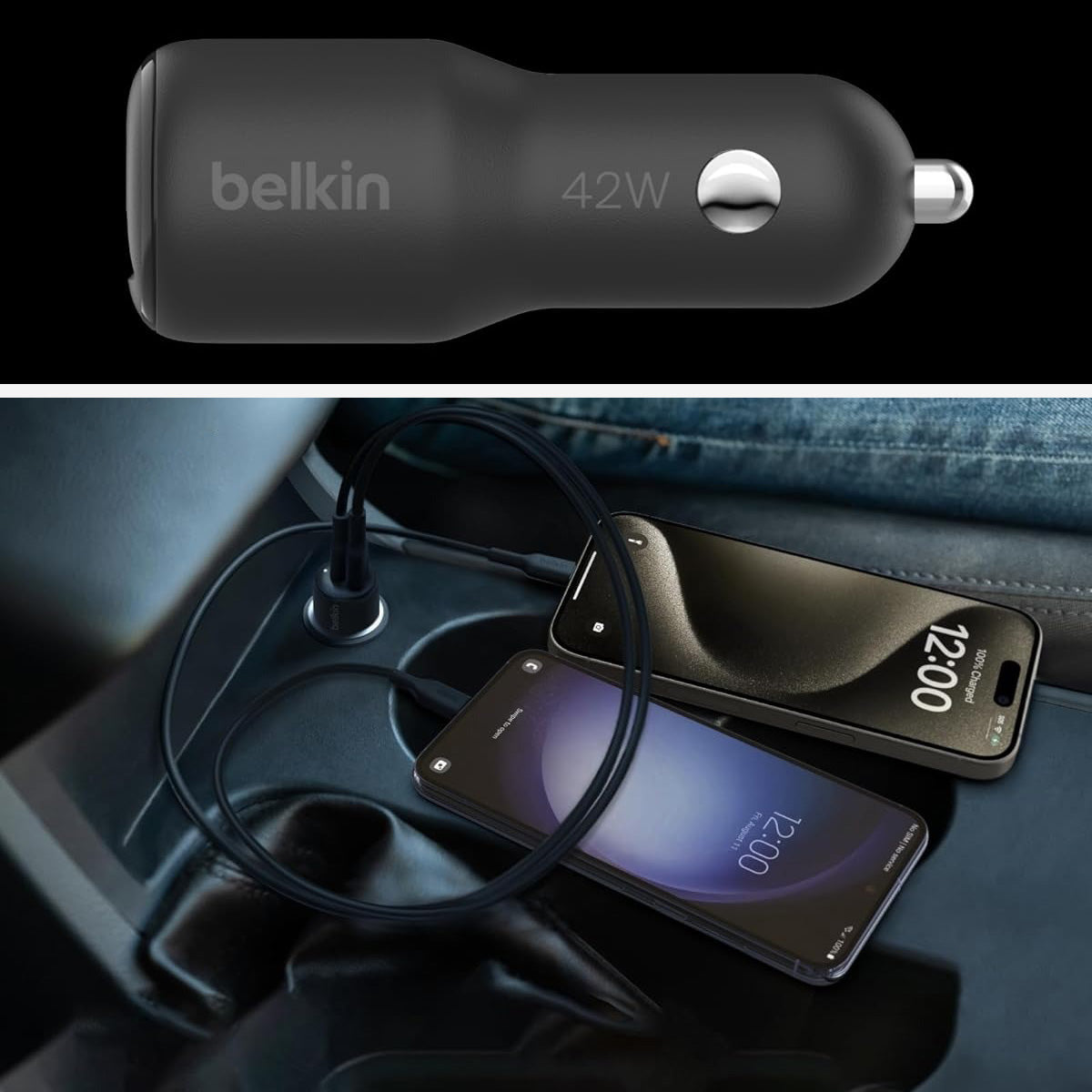 Autoladegerät Belkin Boost Car PD3.0 PPS 3A USB-C USB-A 30W+12W, Schwarz