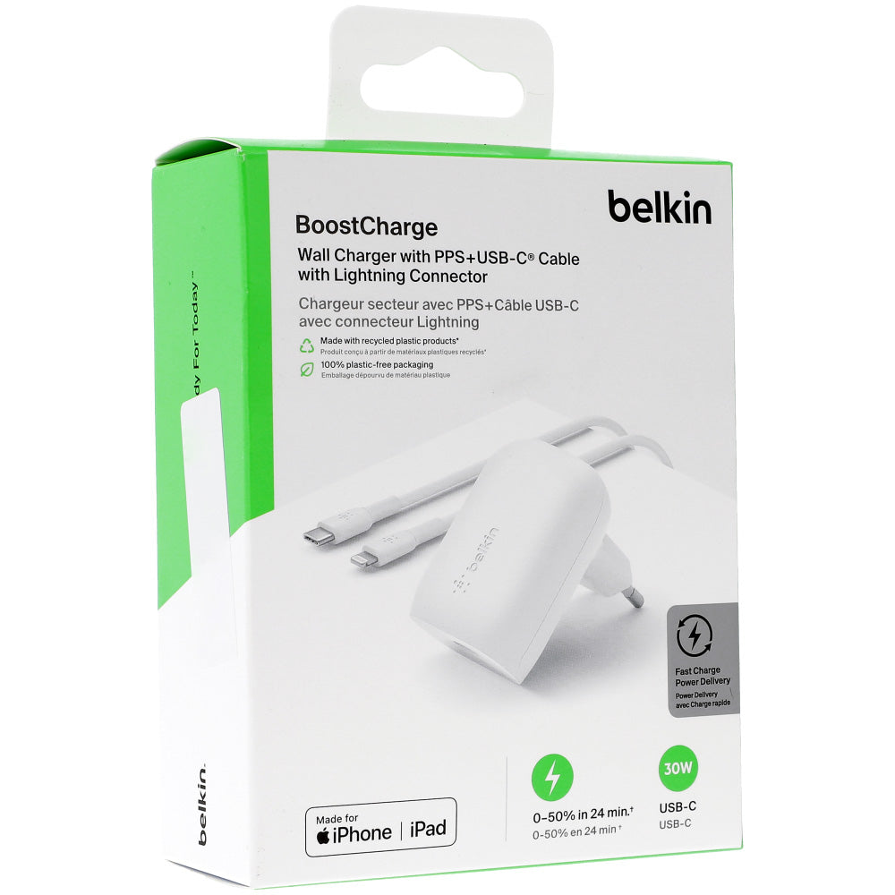 Wandladegerät Belkin Boost USB-C PD 3.0 PPS MFi 30W + kabel Lightning 1m, Weiß