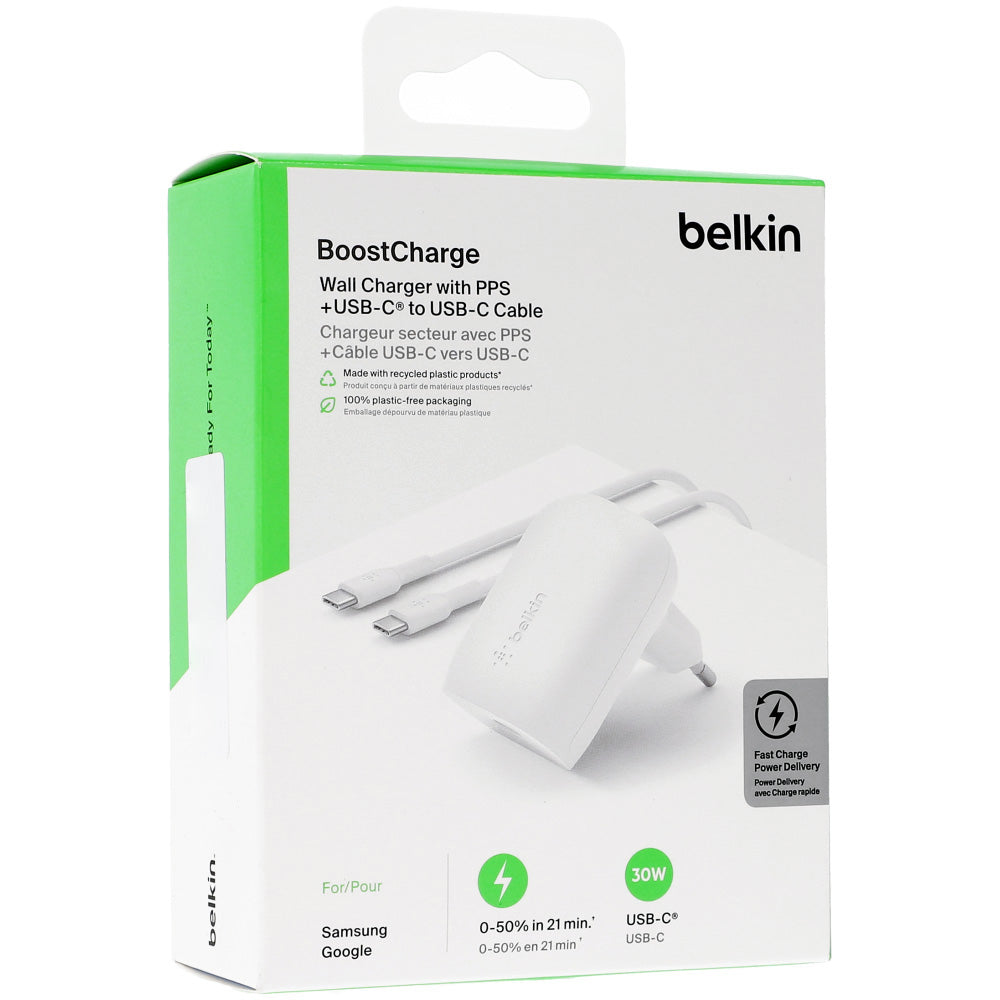 Wandladegerät Belkin Boost USB-C PD 3.0 PPS MFi 30W + kabel USB-C 1m, Weiß