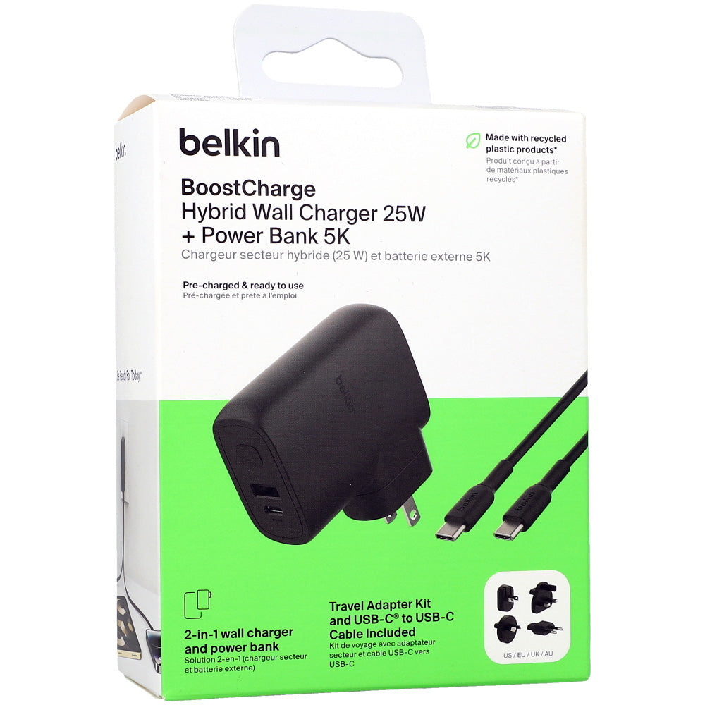 Hybrid Wandladegerät 25W + powerbank 5K 20W Belkin Boost Hybrid USB-C + USB-A +kabel, Schwarz
