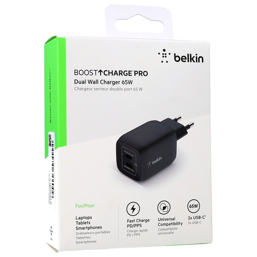 Wandladegerät Belkin Boost Pro Wall Dual USB-C PD 3.0 PPS GaN 65W, Schwarz