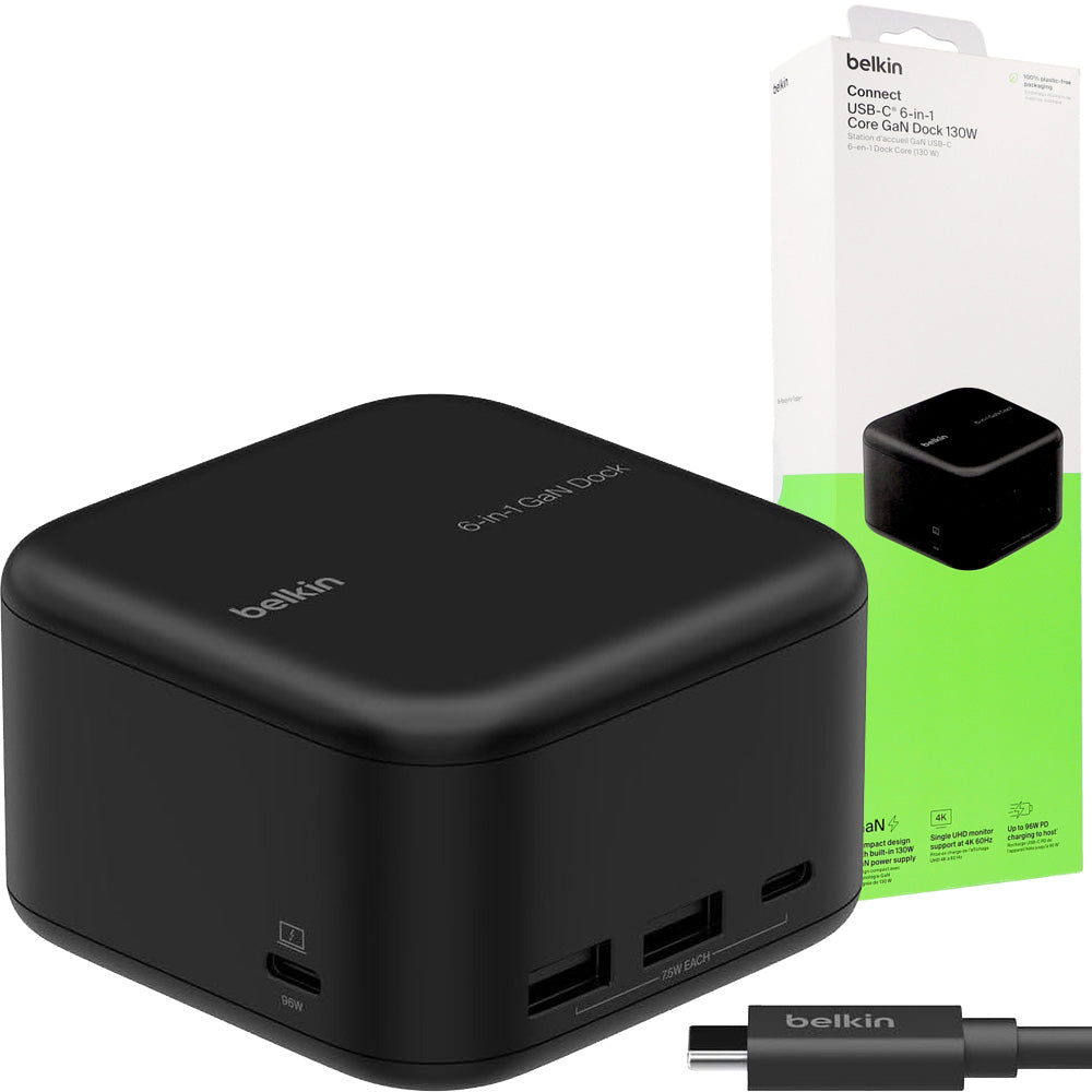 Station Hub Belkin Connect USB-C 6-in-1 Core GaN Dock 130W, Schwarz