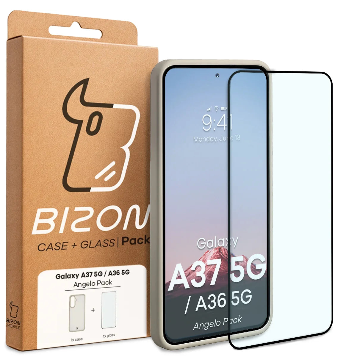 Schutzhülle + gehärtetem Glas Bizon Angelo Pack für Galaxy A37 5G / A36 5G, Semitransparent mit beigem Rahmen