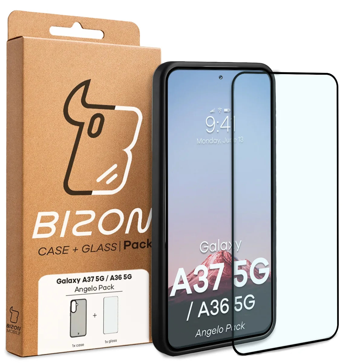 Schutzhülle + gehärtetem Glas für Galaxy A37 5G / A36 5G, Bizon Angelo Pack, Getönte mit schwarzem Rahmen