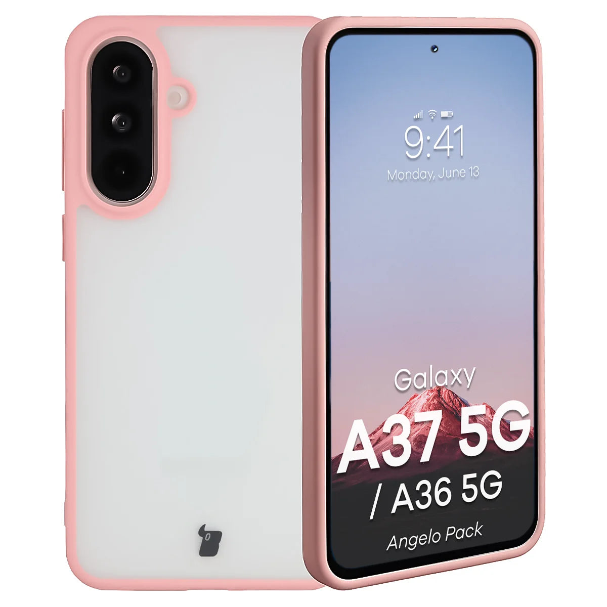 Schutzhülle + gehärtetem Glas für Galaxy A37 5G / A36 5G, Bizon Angelo Pack, Semitransparent mit hellrosem Rahmen