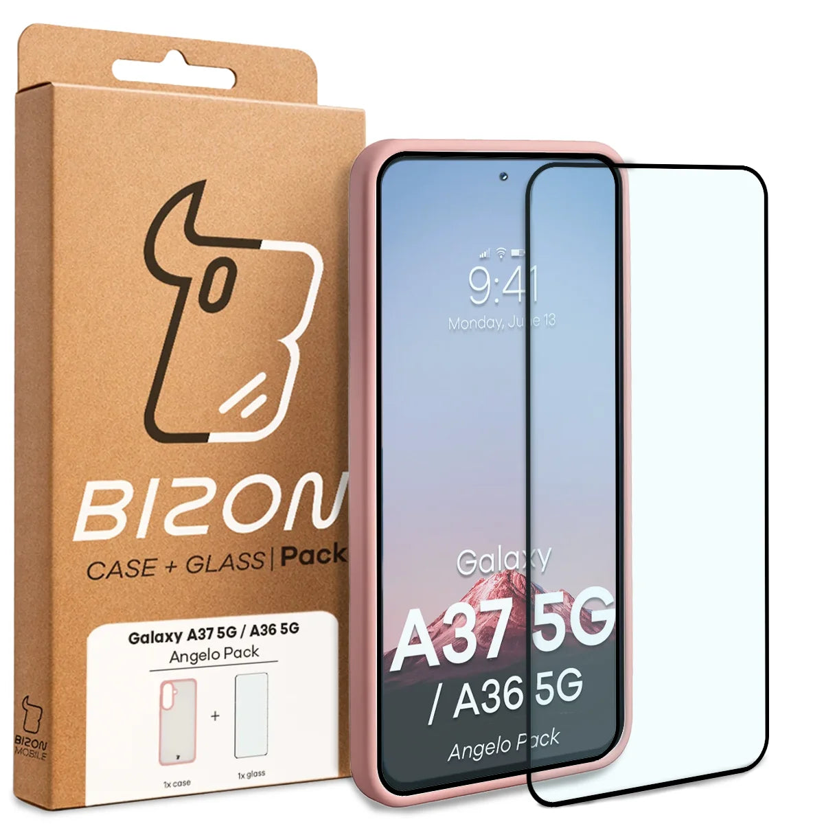Schutzhülle + gehärtetem Glas für Galaxy A37 5G / A36 5G, Bizon Angelo Pack, Semitransparent mit hellrosem Rahmen
