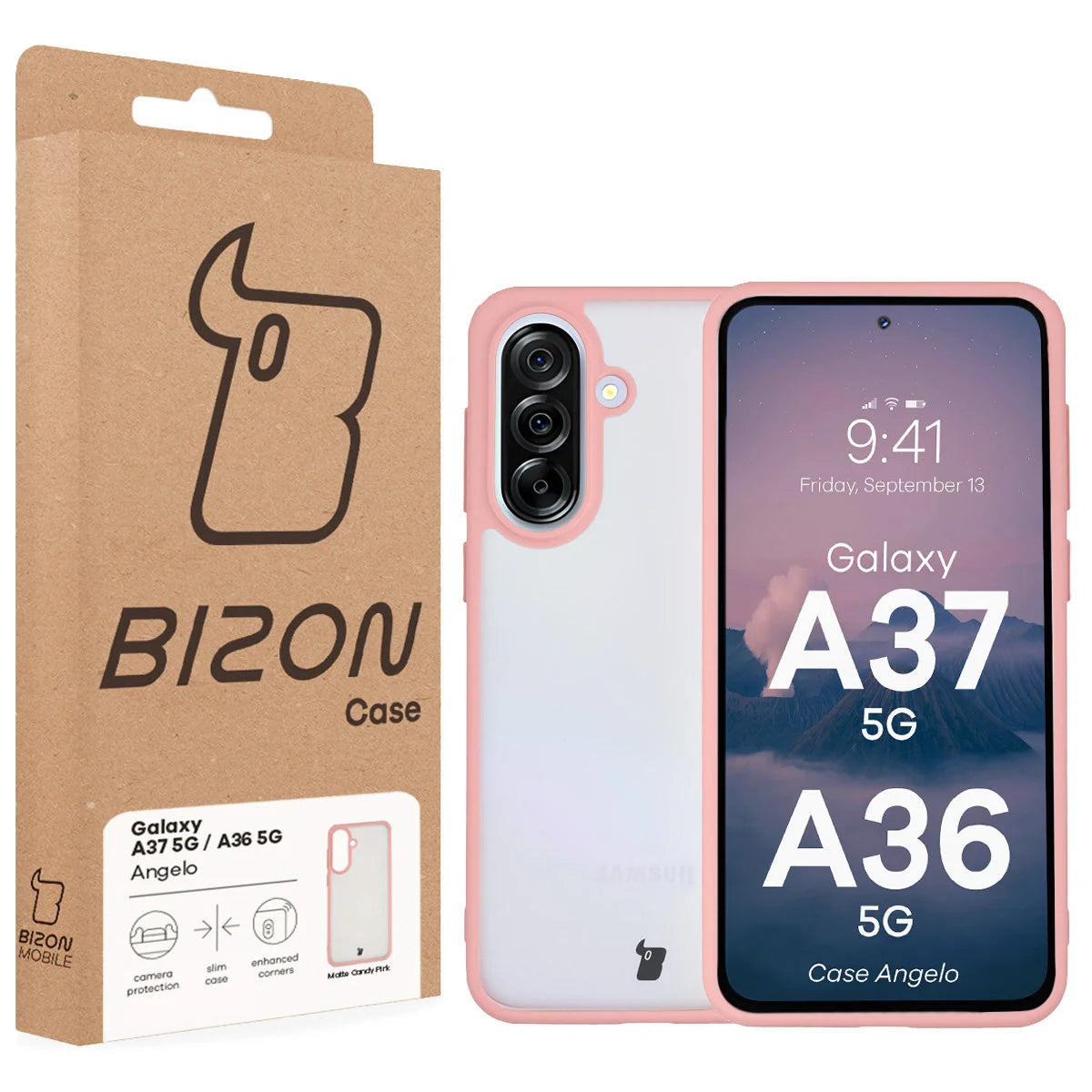 Handyhülle für Galaxy A37 5G / A36 5G, Bizon Case Angelo, Semitransparent mit hellrosa Rahmen