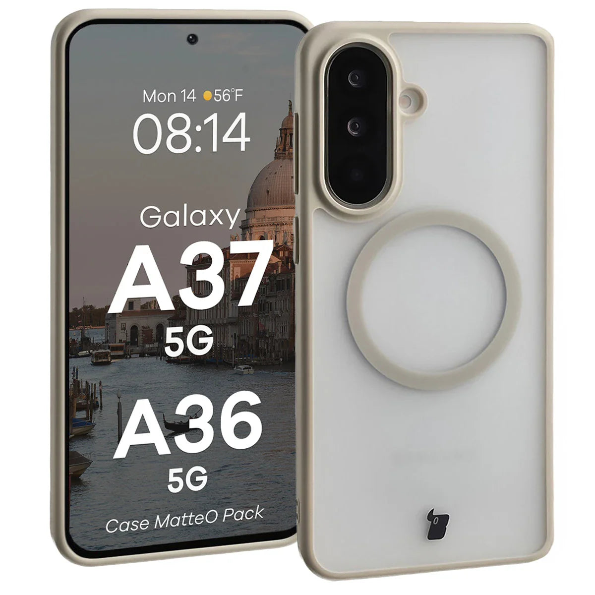 Schutzhülle mit Magnetring + gehärtetem Glas für Galaxy A37 5G / A36 5G, Bizon MatteO Pack, Getönt-Beige