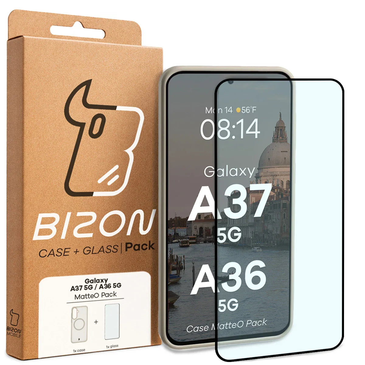 Schutzhülle mit Magnetring + gehärtetem Glas für Galaxy A37 5G / A36 5G, Bizon MatteO Pack, Getönt-Beige